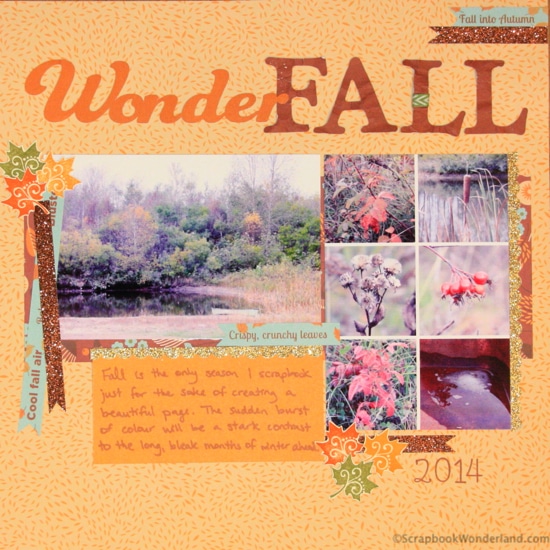 Simple and easy fall scrapbook layout featuring a horizontal and vertical photo.