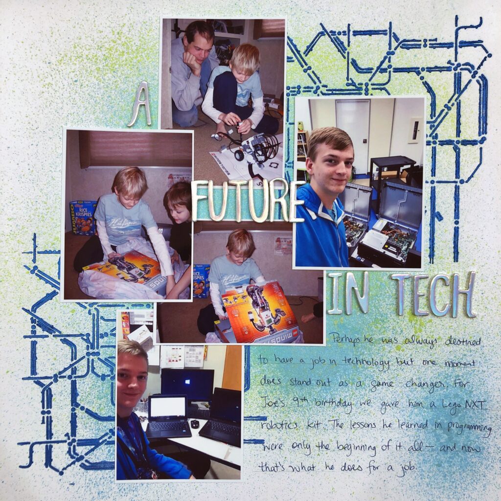 This scrapbook layout has 5 photos on it. It shows a young boy opening a robot present and photos of the same boy working in technology jobs as an adult. The title of the layout is A Future in Tech. The journaling talks about how you never know when something important will begin, like getting a robot and later having a job involving technology.