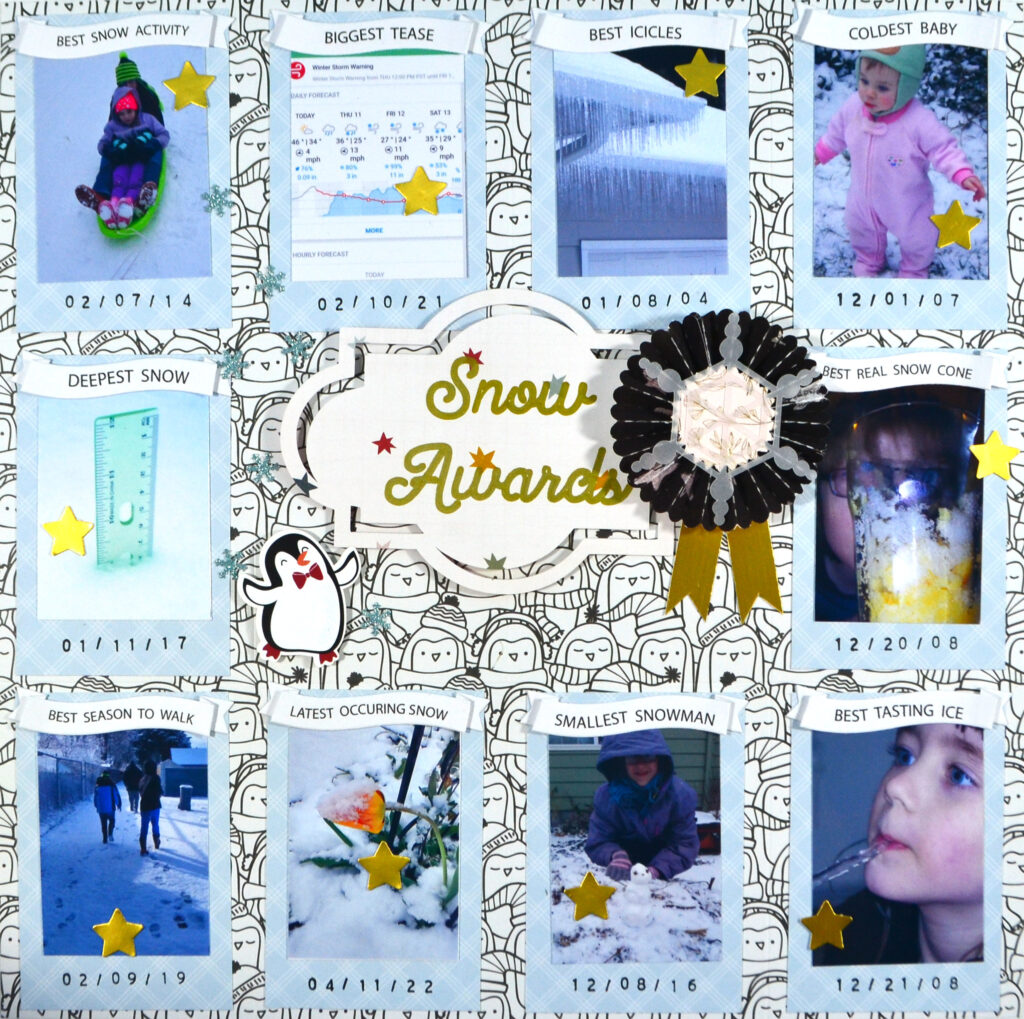 Grid based scrapbook layout featuring 10 photos in an awards ceremony stytle.