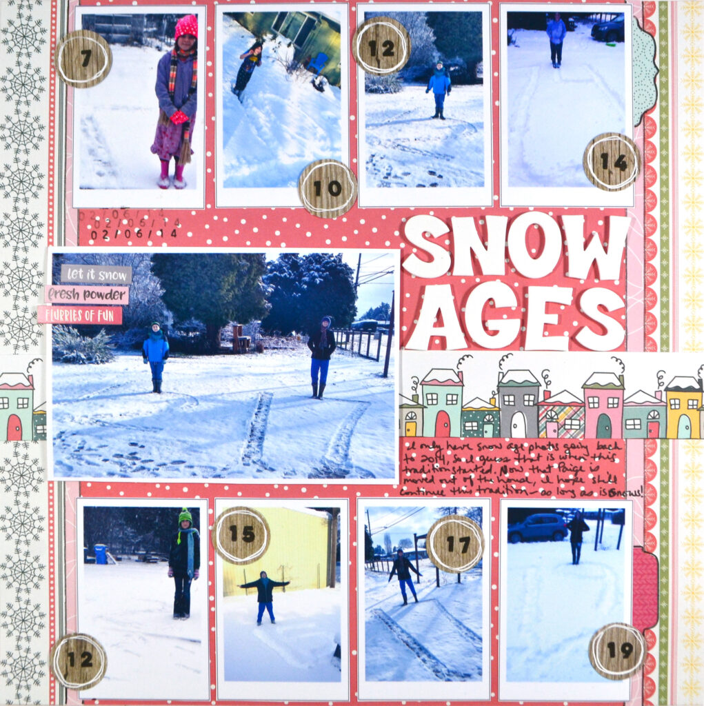 A scrapbook layout with 9 photos. This page is all about kids carving their ages in the snow.