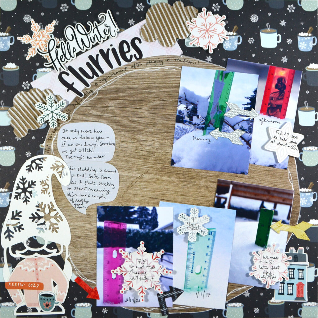 A scrapbook layout with 5 photos. Each photo shows a ruler measuring the depth of snow fall.