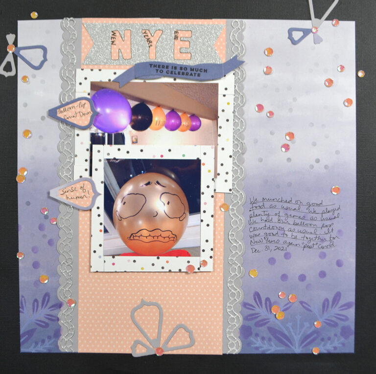 Scrapbook layout featuring New Years Eve photos and the colors lavender, peach, and gray.