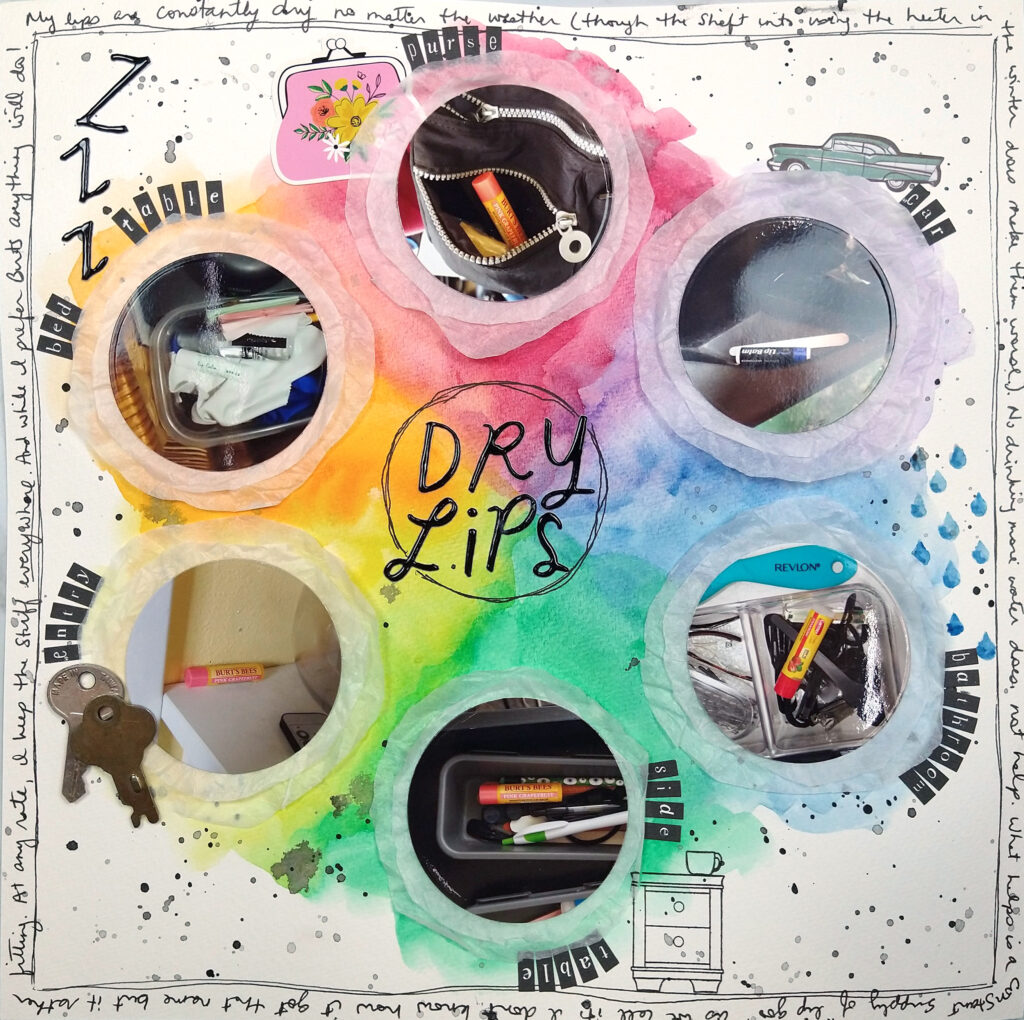 A scrapbook layout using a circular color wheel concept.