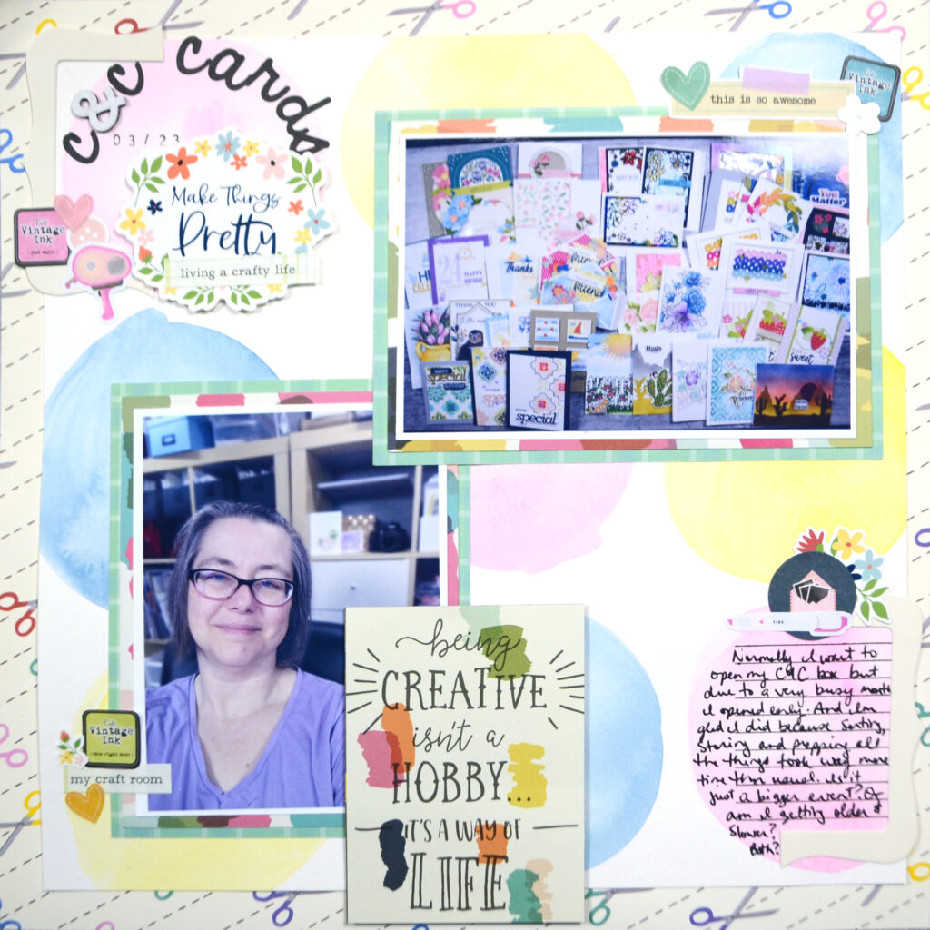 Scrapbook layout using watercolored circles as a foundation for other elements.