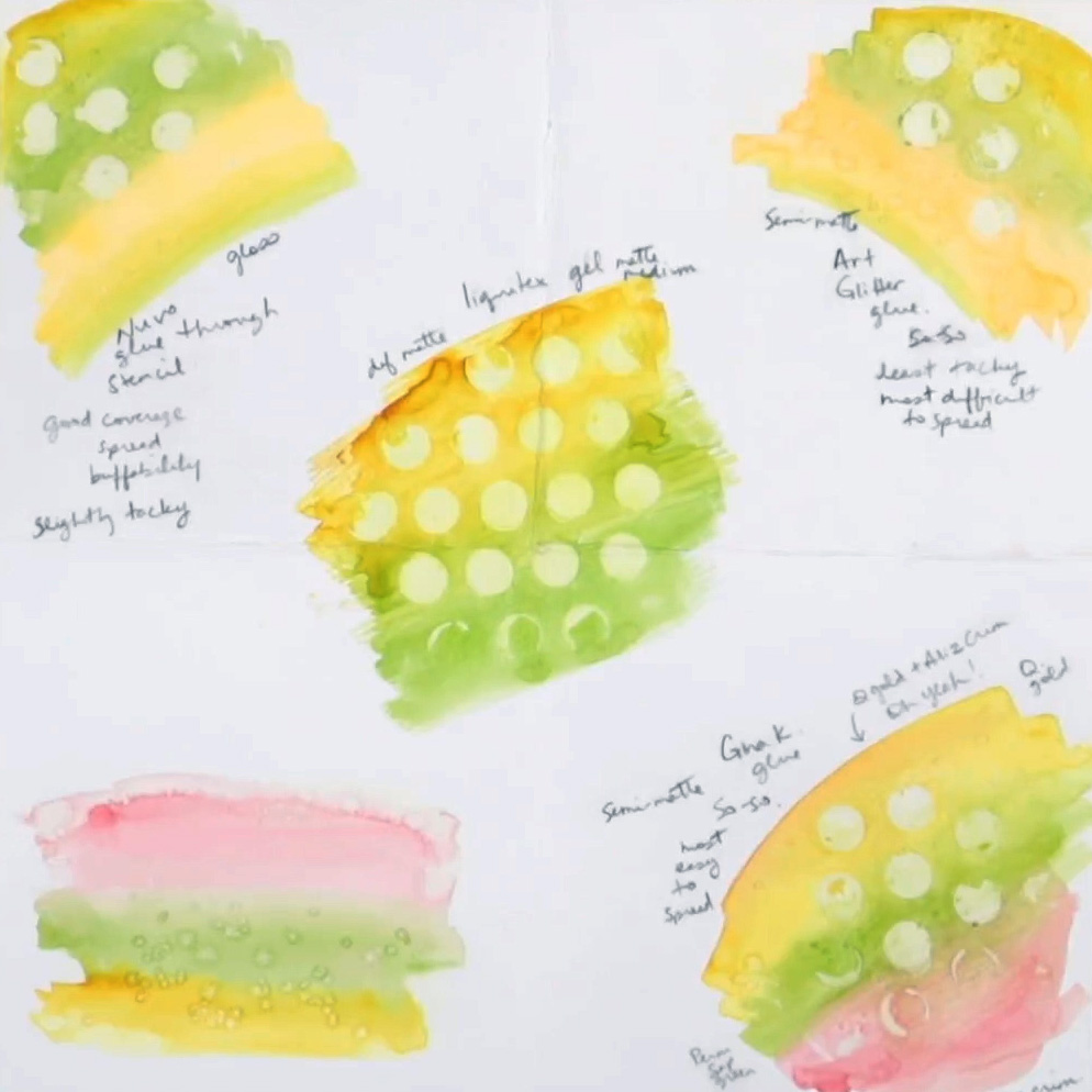 Samples of various glues and pastes used for watercolor resist.