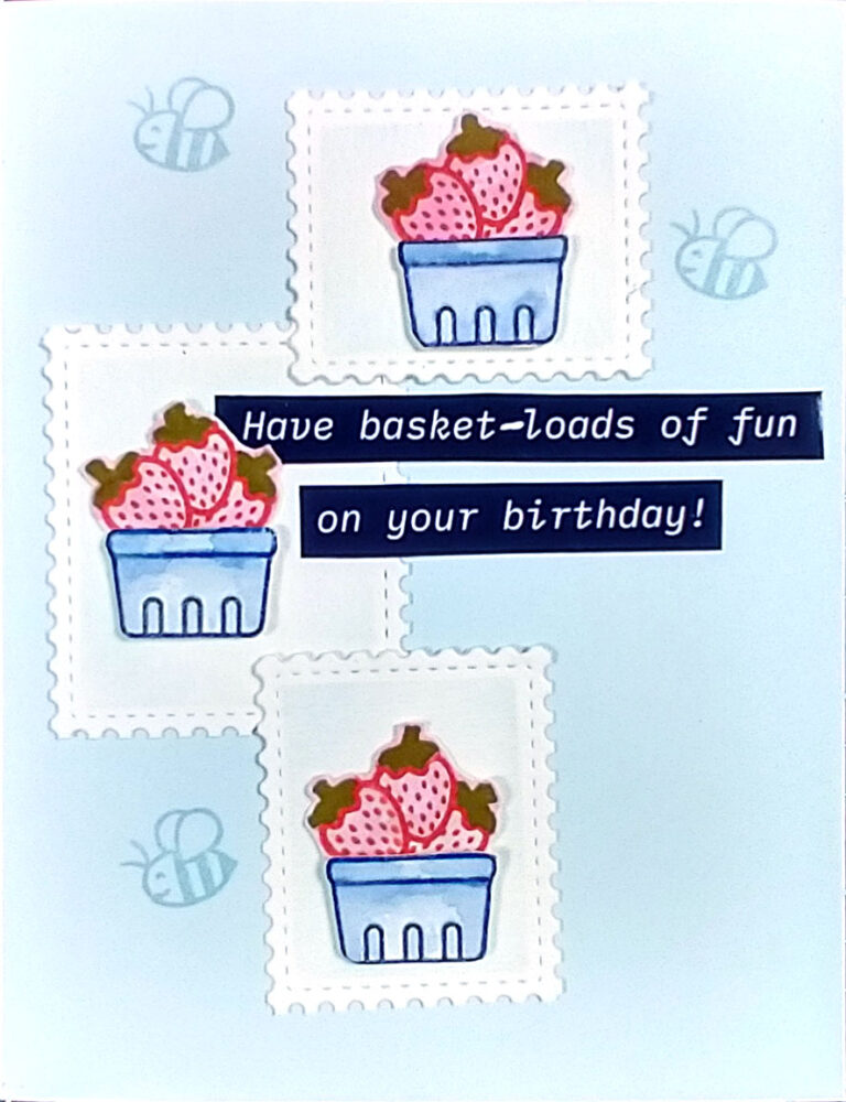 Card featuring baskets of strawberries.