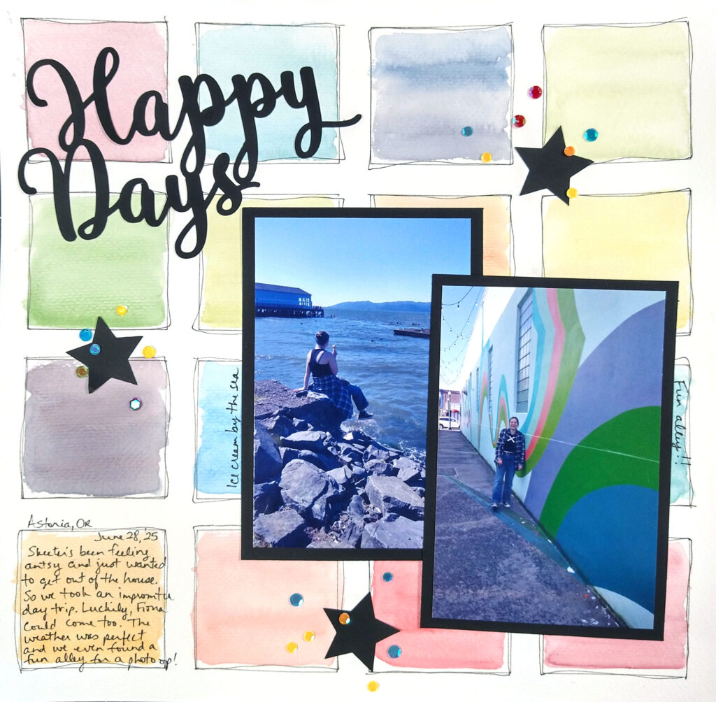 Color blocking layout featuring watercolor squares.
